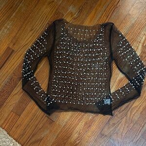 Sheer Black Women's Top w/Faux Pearl Beads and Crystals
